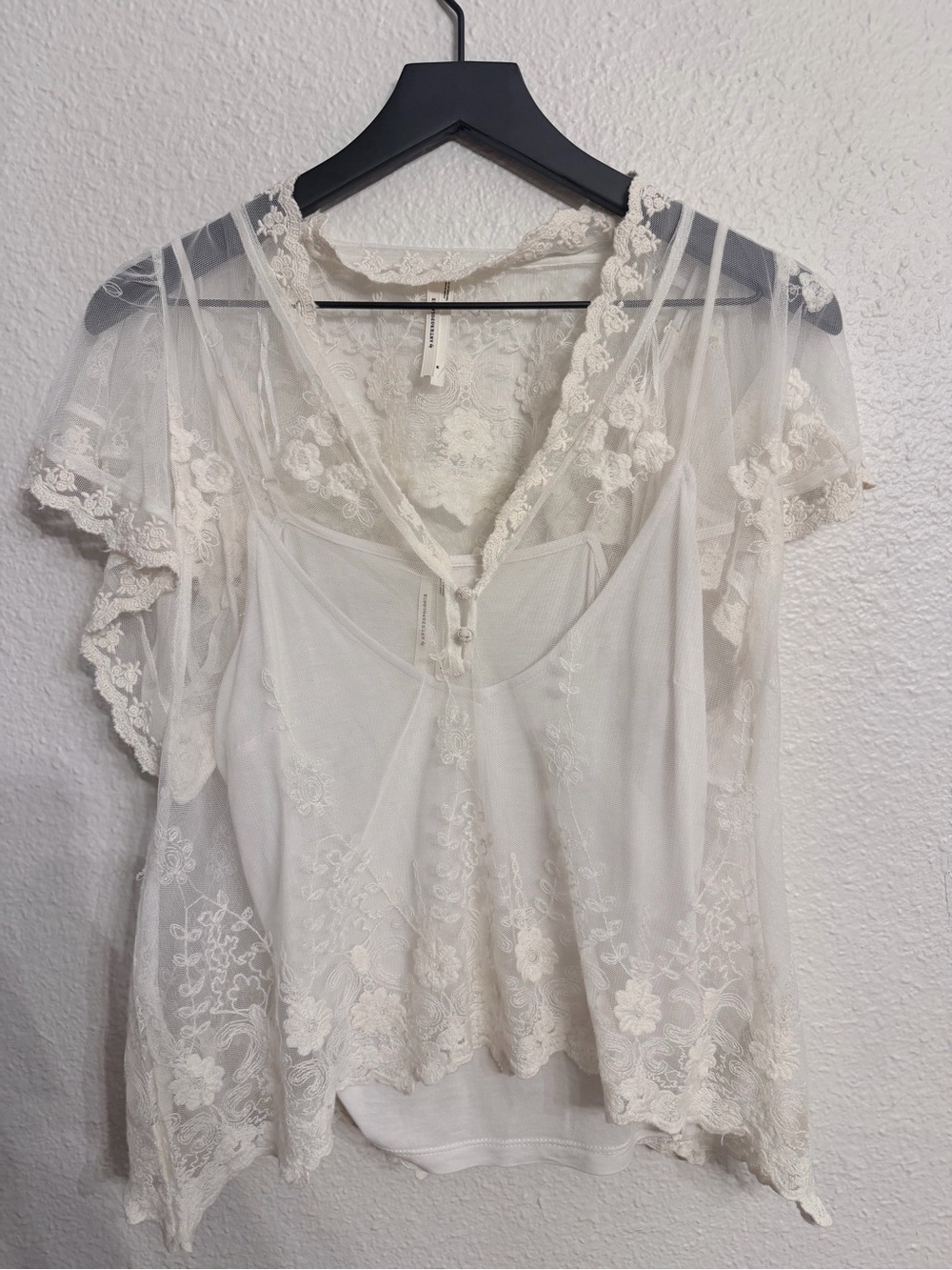 Anthropologie Ivory Embroidered Lace Mesh Blouse w/ Cami Size M